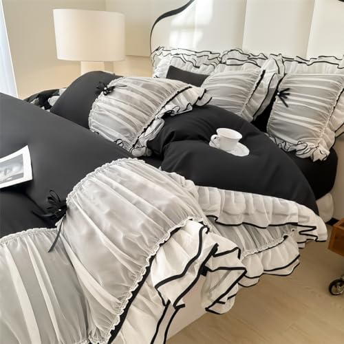 IHOUSTRIY Girl Duvet Cover Queen Size Ruffle Beddding Set with Bowtie 3 Pieces Comforter Cover Set with Zipper Closure Girl Bedding with Pillowcase  Black Queen