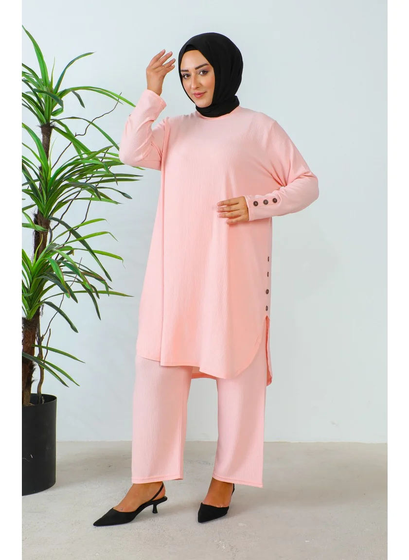 Sefa Merve Plus Size Stoned Tunic Trousers Two Piece Set 2658-03 Powder