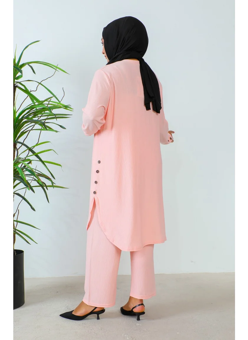 Sefa Merve Plus Size Stoned Tunic Trousers Two Piece Set 2658-03 Powder