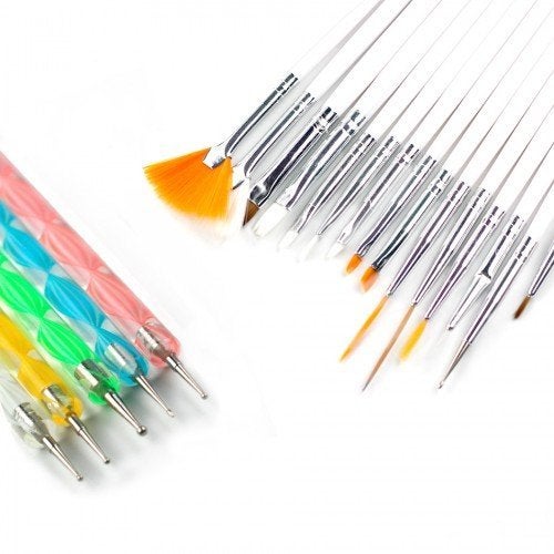 Gugzy 15 Nail Art Brushes And 5 Two Way Dotting Tool Pack of 20 White Silver - Image 2