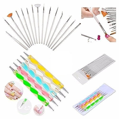 Gugzy 15 Nail Art Brushes And 5 Two Way Dotting Tool Pack of 20 White Silver - Image 1