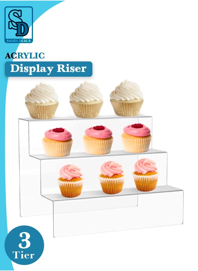 Saudi Deals - 3-Tier Clear Acrylic Display Riser Shelf, Sturdy, and No-Assembly Organizer Stand Perfect for Cupcakes, Cosmetics, Perfumes, and More - Image 1