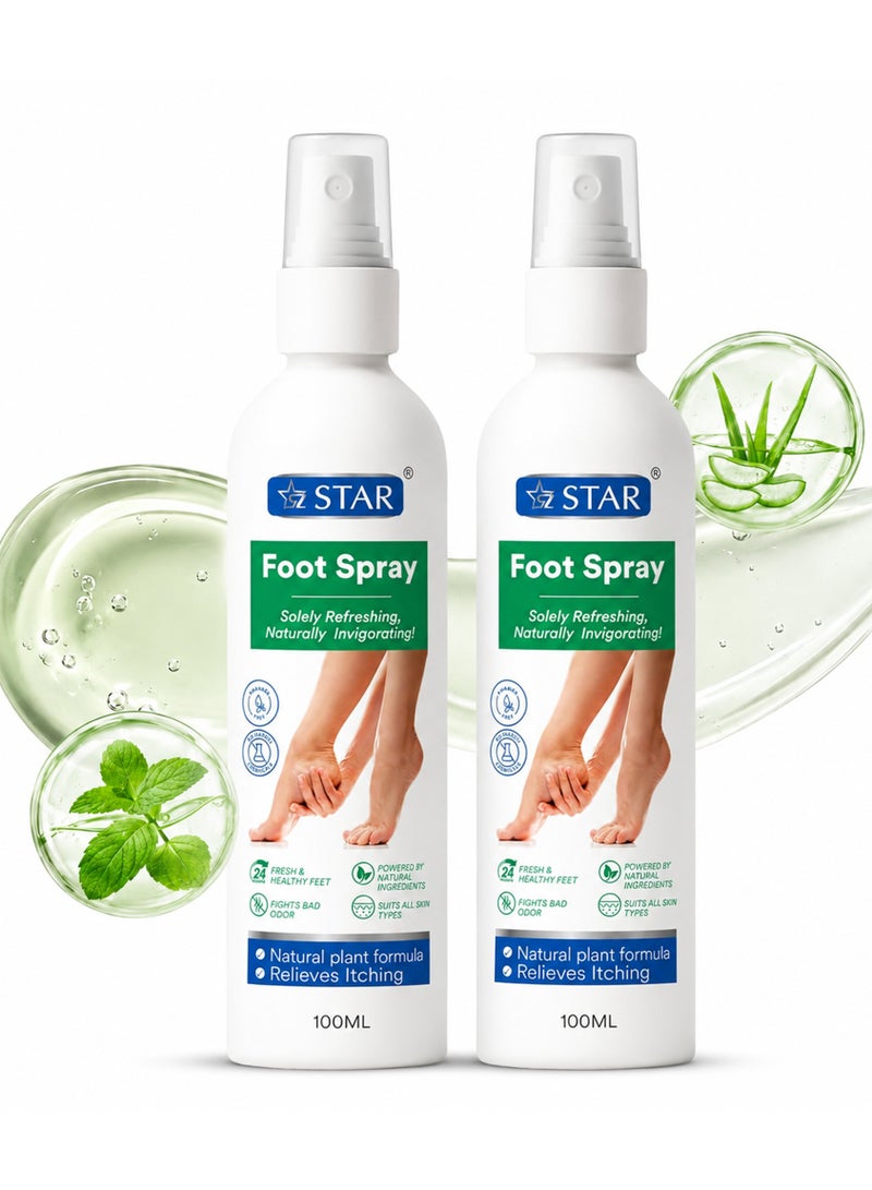 SZ Star Foot Spray with Natural Plant Extracts & Essential Oils - Antibacterial, Antifungal & Deodorizing Formula for Feet Odor, Sweat, and Freshness - Moisture Absorbing, Soothing & Refreshing Feet Spray - (100ml x 2 Pack) - Image 1