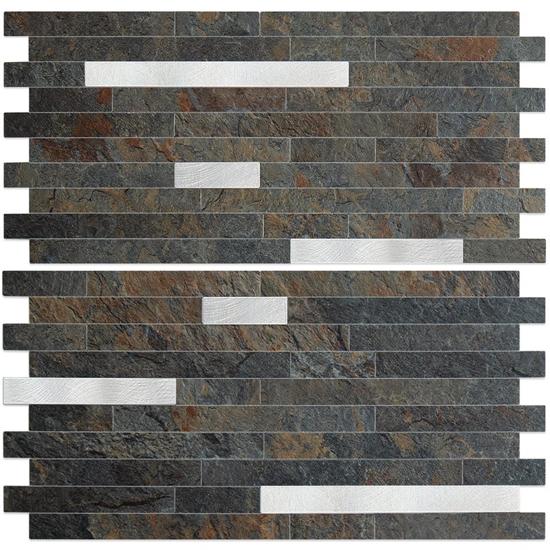 AULIGET 20 Sheets Rust Slate Peel and Stick Backsplash, PVC Mixed Metal Silver Wall Tile Stick on Backsplash for Kitchen and Bathroom - Image 1