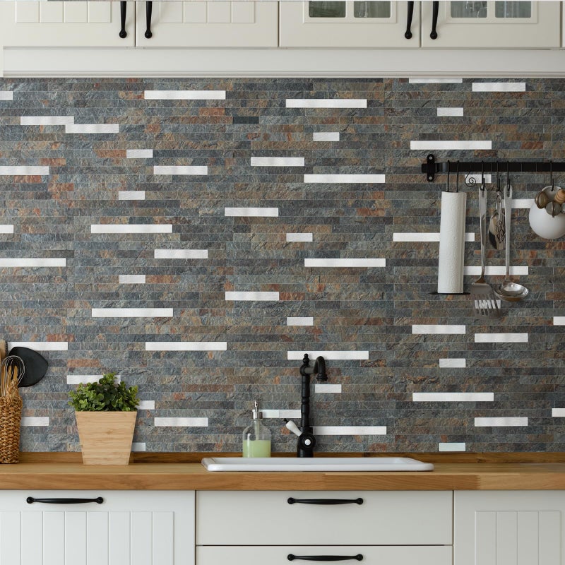 AULIGET 20 Sheets Rust Slate Peel and Stick Backsplash, PVC Mixed Metal Silver Wall Tile Stick on Backsplash for Kitchen and Bathroom - Image 2