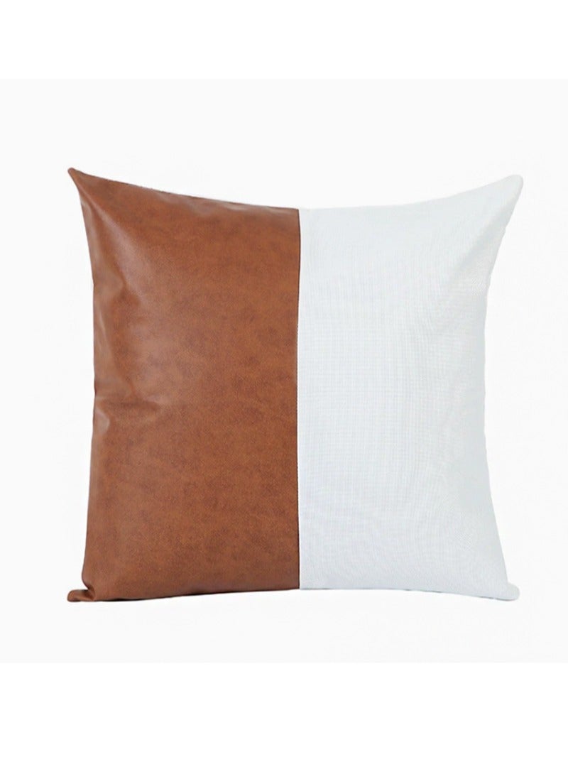 Aikanbo 45*45cm Pu Leather Throw Pillow Covers，Modern Leather/Cotton Decorative Pillowcases for Home Decor Bedroom Living Room Couch Bed Sofa（Brown + White, Excluding Pillow Core） - Image 1