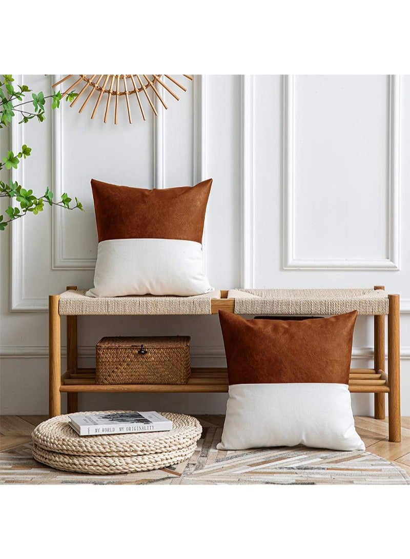 Aikanbo 45*45cm Pu Leather Throw Pillow Covers，Modern Leather/Cotton Decorative Pillowcases for Home Decor Bedroom Living Room Couch Bed Sofa（Brown + White, Excluding Pillow Core） - Image 2