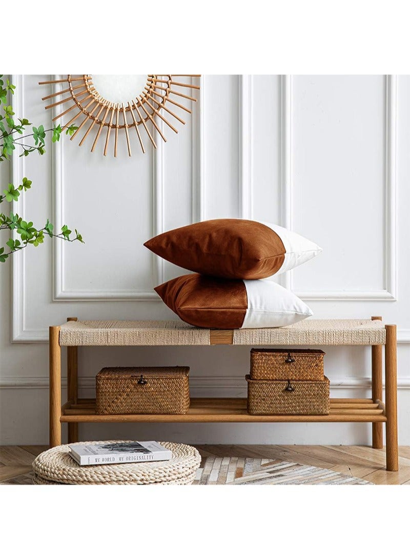 Aikanbo 45*45cm Pu Leather Throw Pillow Covers，Modern Leather/Cotton Decorative Pillowcases for Home Decor Bedroom Living Room Couch Bed Sofa（Brown + White, Excluding Pillow Core） - Image 3