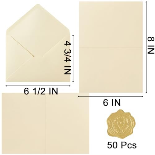 Toperd 50 Pack Cream A6 Envelopes with Cards 4x6 Thick Folded Cardstock and Gold Stickers for Greeting Cards, Wedding, Birthday, Invitations, Baby Showers (Cream, 4x6) - Image 2