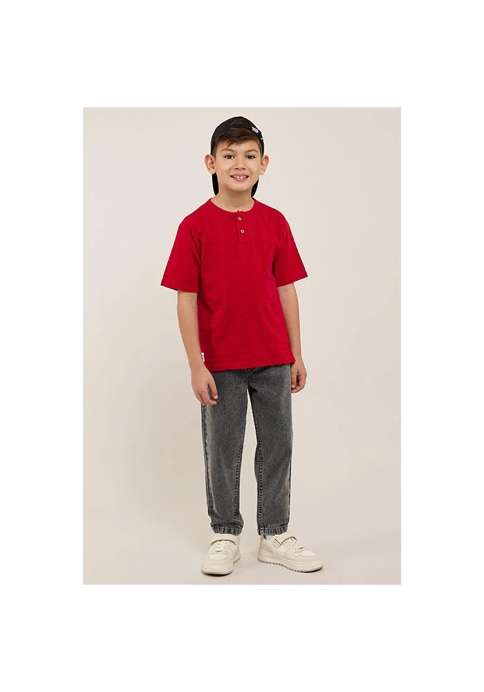 أر أند بي Textured T-Shirt with Henley Neck and Short Sleeves
