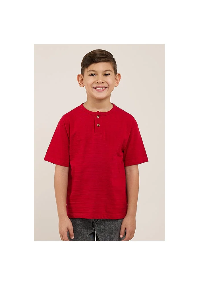 أر أند بي Textured T-Shirt with Henley Neck and Short Sleeves