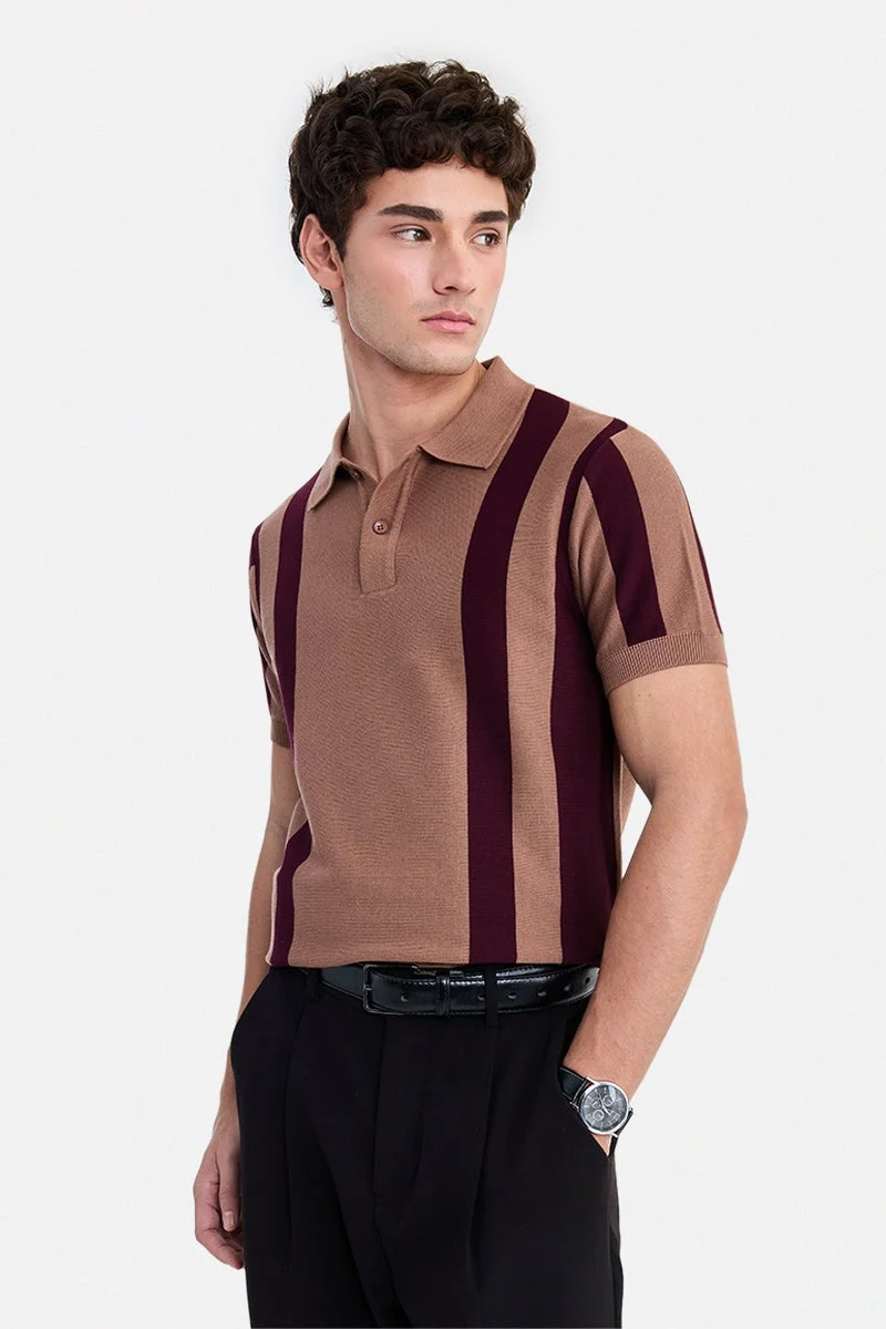 سنيتش Brown Striped Half Sleeve Regular Fit T-Shirt