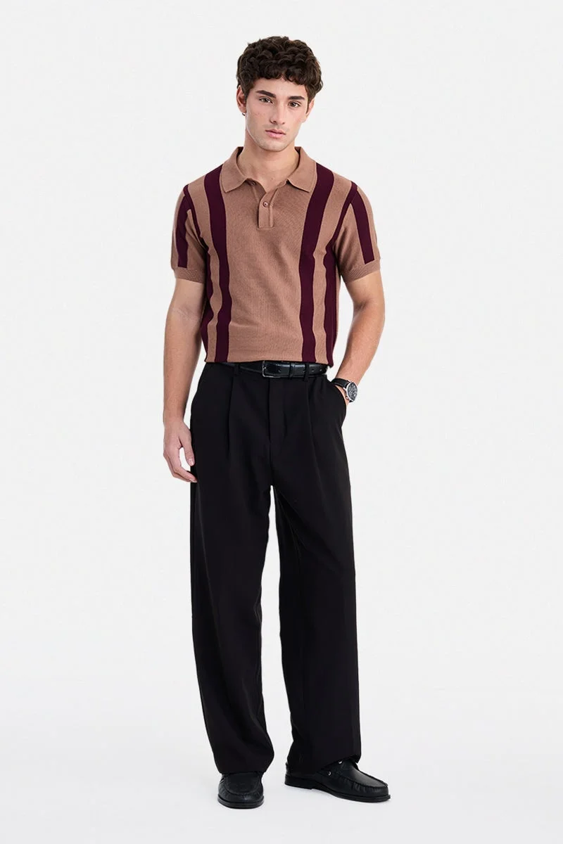 سنيتش Brown Striped Half Sleeve Regular Fit T-Shirt