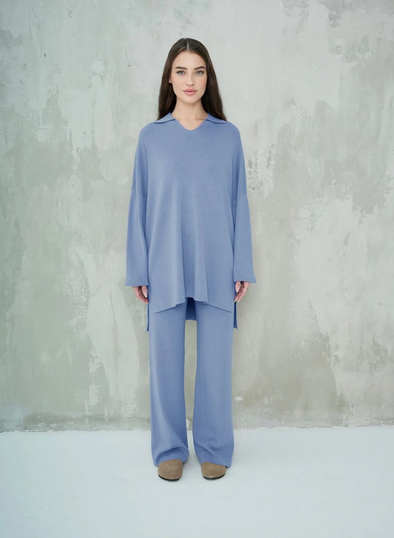 2322 | Women's Two-Piece Lounge Set – Soft Cotton, Oversized Top with Collar and Relaxed Fit Pants | Aqua Blue