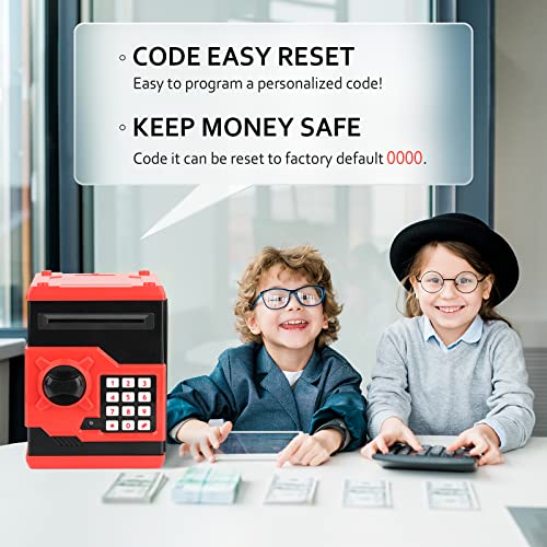Vcertcpl ATM Piggy Bank for Boys Girls, Vcertcpl Mini ATM Coin Bank Money Saving Box with Password, Kids Safe Money Jar for Adults with Auto Grab Bill Slot, Great Gift Toy Bank for Kids (Red+Black) - Image 2