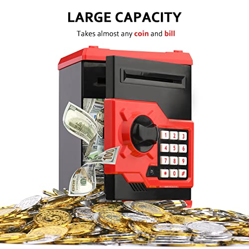 Vcertcpl ATM Piggy Bank for Boys Girls, Vcertcpl Mini ATM Coin Bank Money Saving Box with Password, Kids Safe Money Jar for Adults with Auto Grab Bill Slot, Great Gift Toy Bank for Kids (Red+Black) - Image 4