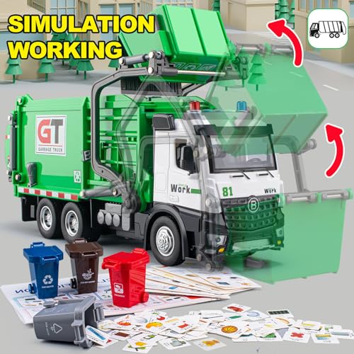 TAKGUD Garbage Truck Toys for Boys 12 Big Trash Truck with Lights and Sounds Friction Powered Waste Management Recycling Toy Set with 4 Trash Cans and Sorting Cards Gift for Kids - Image 5