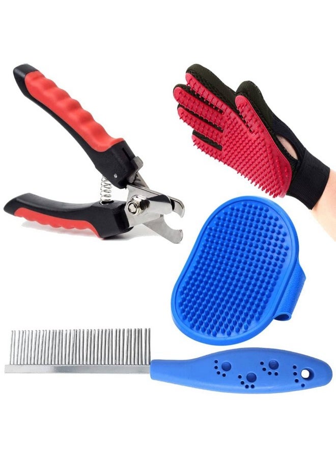 Sage Square Dog Grooming Kit - Dog Nail Cutter + Pet Bath Brush Grooming Comb With Adjustable Ring + Pet Single Steel Comb + Pet Grooming Glove For Dog, Puppy, Cat And Kitten - 4 In 1 Dog Combo  - Image 1