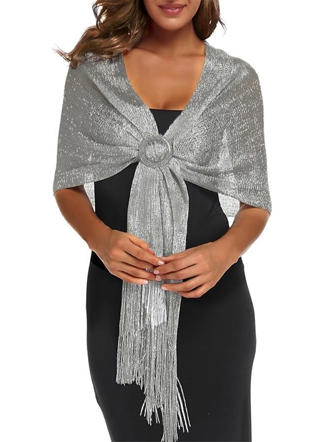 Rheane Sparkling Metallic Shawls and Wraps With Buckle for Evening Party Dresses Wedding, B. Silver (With Buckle), L - Image 1