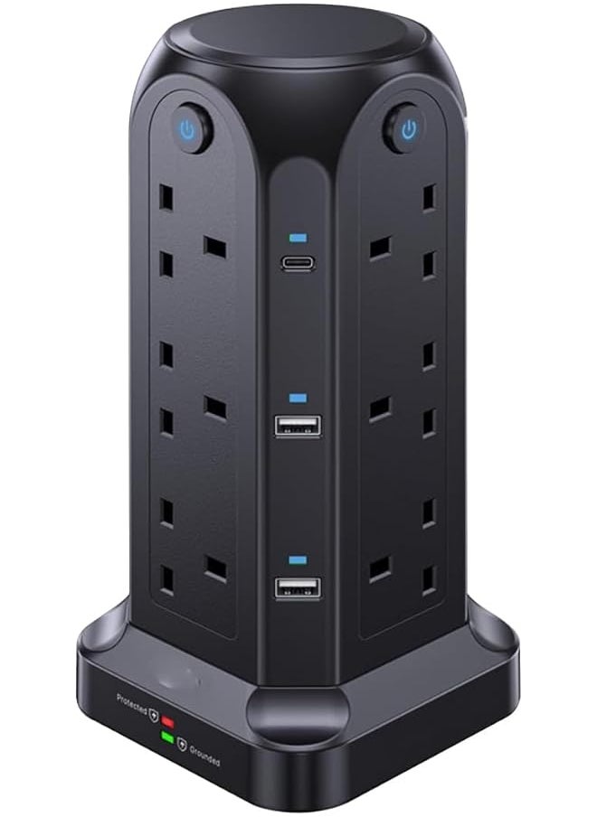PROMASS promass Tower Extension Cord,12 Protected UK-KSA Power Sockets & 4 USB Charging Ports & 2 USB-C,3250W Power Strip with 4 Individual Switches, 2M/6.5ft Outlets Cable for Home&Office (Black)  - Image 1