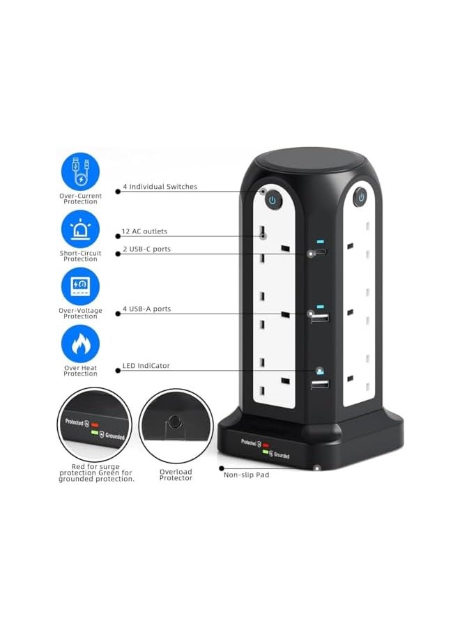 PROMASS promass Tower Extension Cord,12 Protected UK-KSA Power Sockets & 4 USB Charging Ports & 2 USB-C,3250W Power Strip with 4 Individual Switches, 2M/6.5ft Outlets Cable for Home&Office (Black)  - Image 3