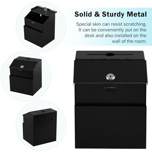 xydled Suggestion Box with Lock Wall Mountable Metal Donation/Ballot/Voting/Collection/Key Drop Box with 50 Free Suggestion Cards 7.1"x 5.7"x 8.1" Black - Image 2