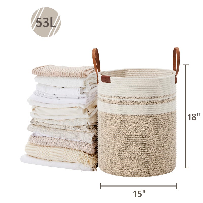 VIPOSCO Tall Laundry Basket, Large Dirty Clothes Hamper with Leather Handle, Woven Rope Storage Basket for Blanket, Toy In Living Room, Bathroom, Bedroom - 53L Brown & White - Image 5