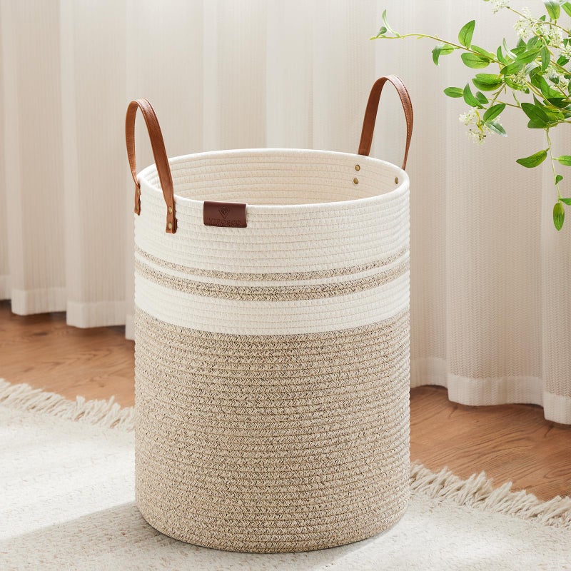 VIPOSCO Tall Laundry Basket, Large Dirty Clothes Hamper with Leather Handle, Woven Rope Storage Basket for Blanket, Toy In Living Room, Bathroom, Bedroom - 53L Brown & White - Image 1