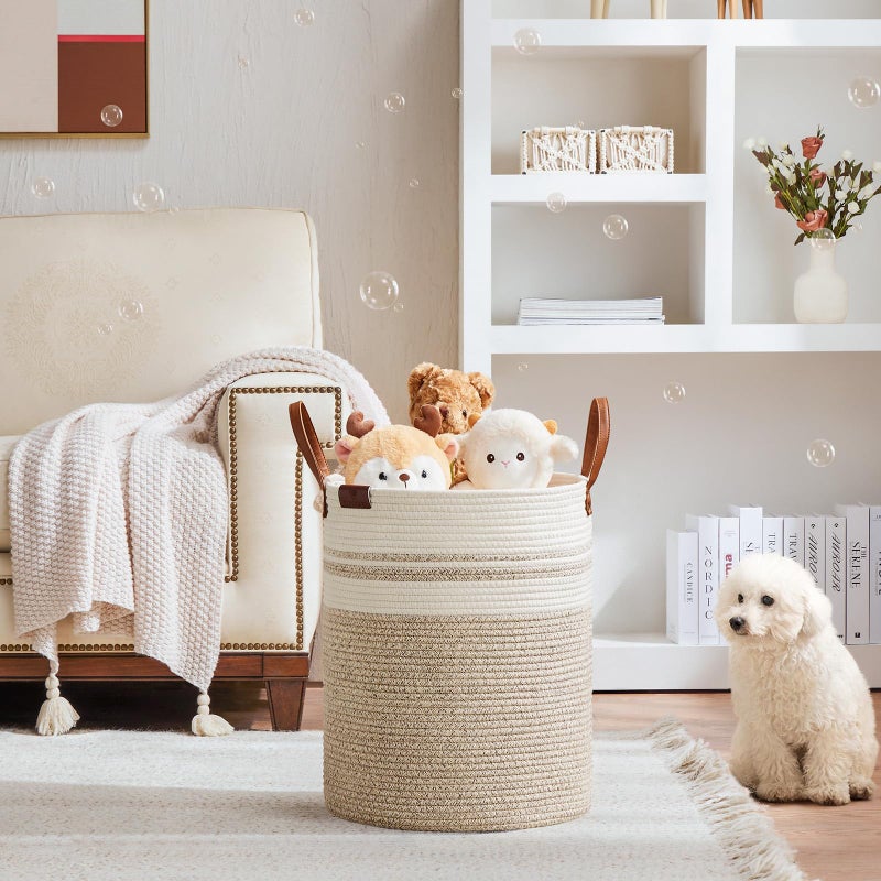 VIPOSCO Tall Laundry Basket, Large Dirty Clothes Hamper with Leather Handle, Woven Rope Storage Basket for Blanket, Toy In Living Room, Bathroom, Bedroom - 53L Brown & White - Image 2