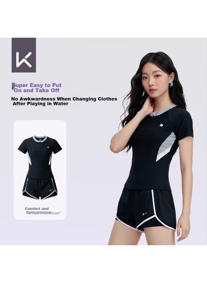 Keep Women's Two-piece Conservative Swimsuit For Plus-size Girls Slimming Sports Hot Spring Swimwear Black L - Image 1
