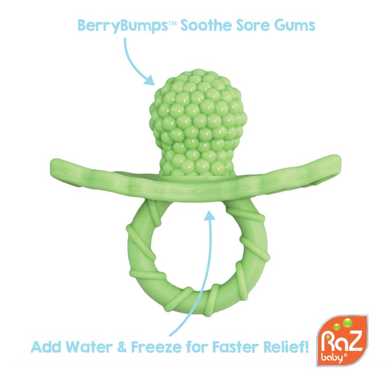 RaZbaby RaZberry Silicone Teether Pacifier – Teething Relief for Infants, Food-Grade, BPA-Free, Hands-Free, Natural Berrybumps Fruit Texture for Sensory Development, Freezable, 2-Pack - Green & White - Image 4