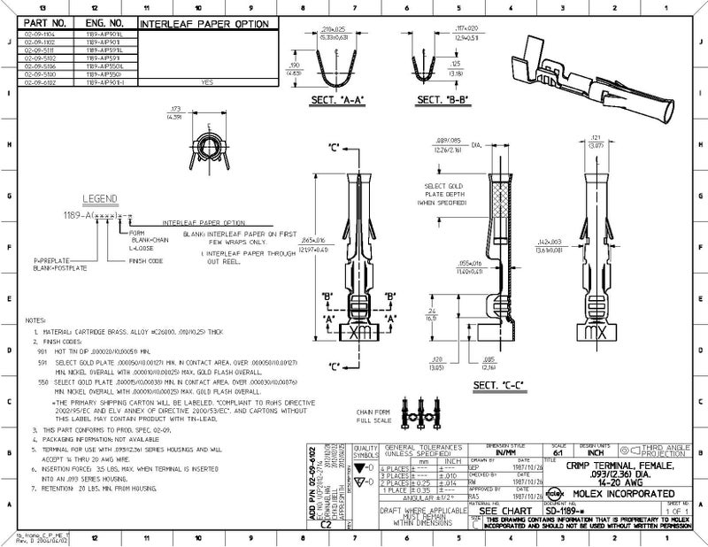 Molex Pin, Male & Female .093" 14-20 AWG, Series 1189 Tin (Sn) Plated Brass Contact (20 Pair) - Image 3