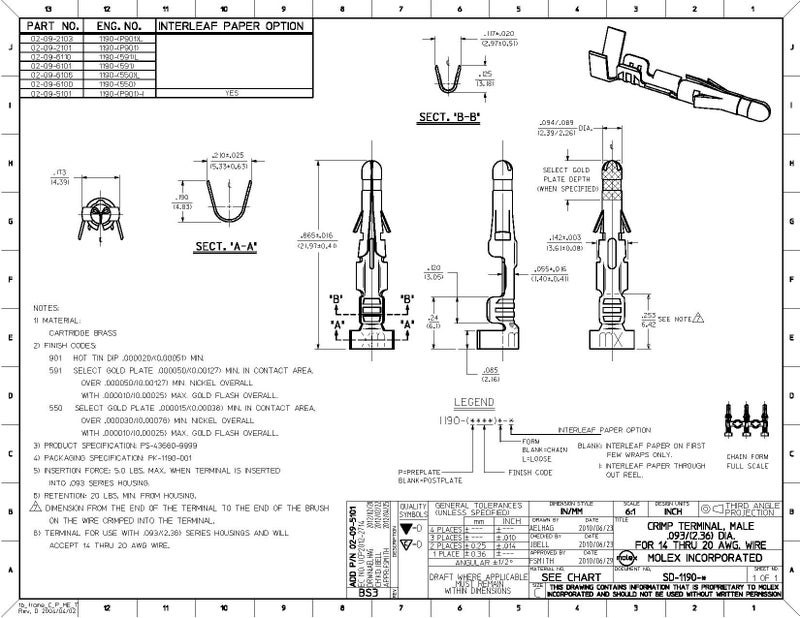 Molex Pin, Male & Female .093" 14-20 AWG, Series 1189 Tin (Sn) Plated Brass Contact (20 Pair) - Image 4
