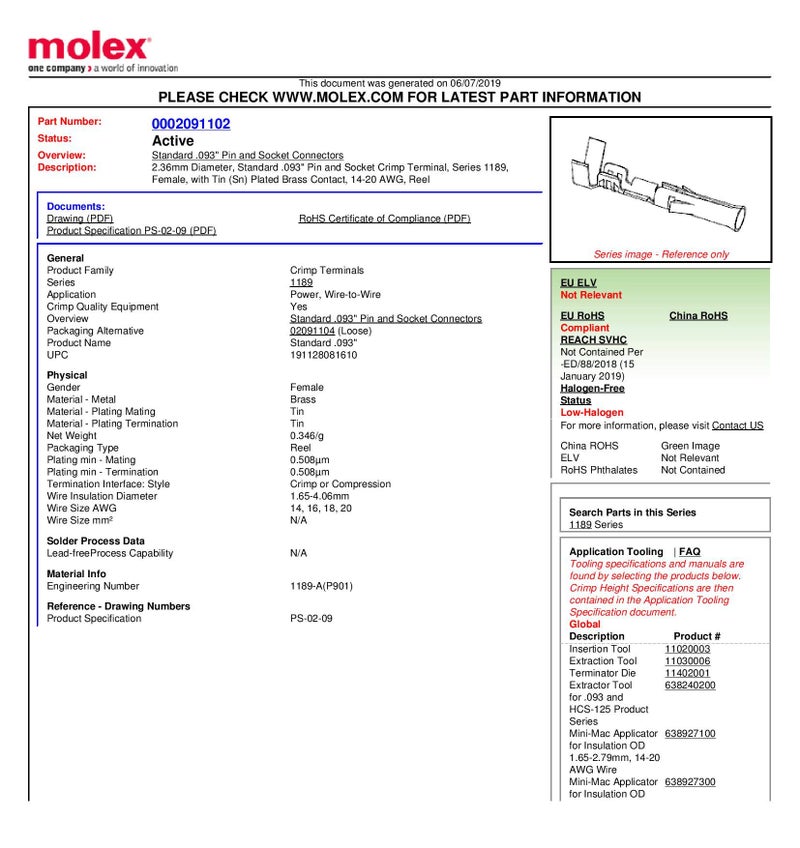 Molex Pin, Male & Female .093" 14-20 AWG, Series 1189 Tin (Sn) Plated Brass Contact (20 Pair) - Image 5