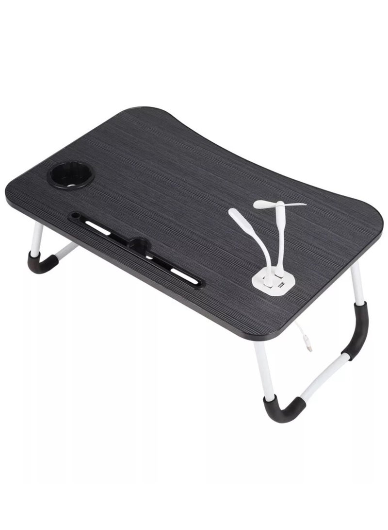 DubaiGallery Laptop Table for Bed & Sofa, Foldable Desk with Cup Holder, Drawer & Built-in USB Hub with Free Mini Fan, LED Lamp - Image 2