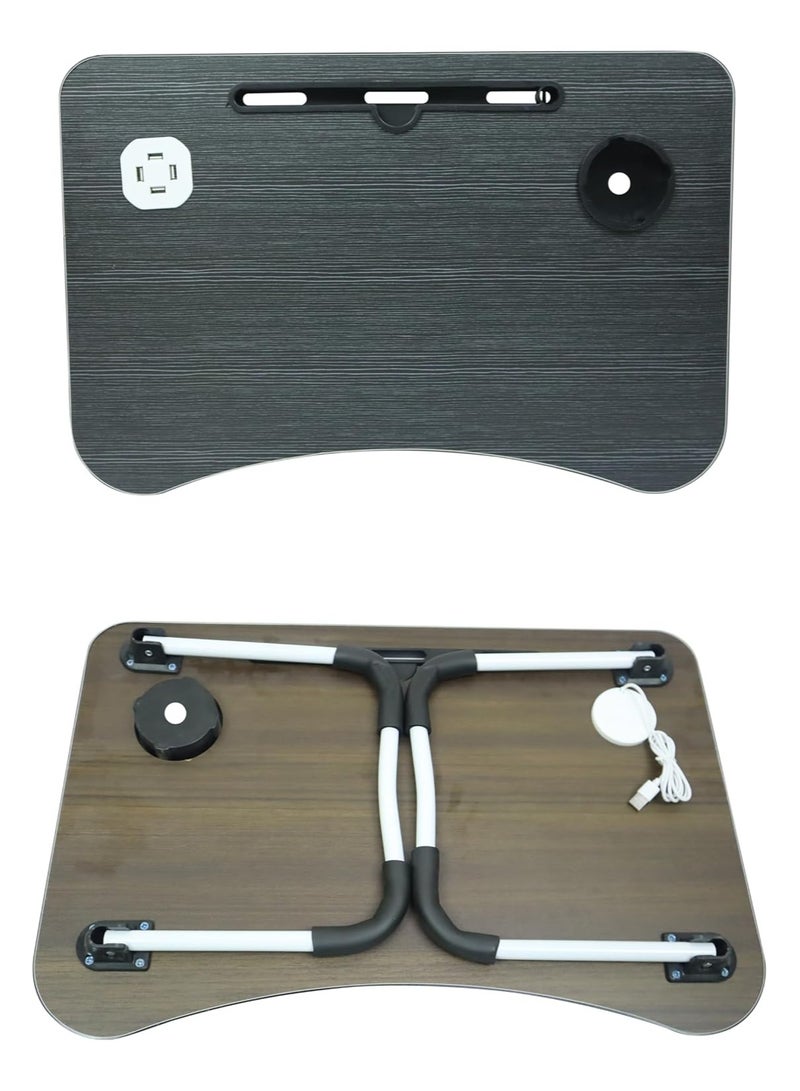 DubaiGallery Laptop Table for Bed & Sofa, Foldable Desk with Cup Holder, Drawer & Built-in USB Hub with Free Mini Fan, LED Lamp - Image 4