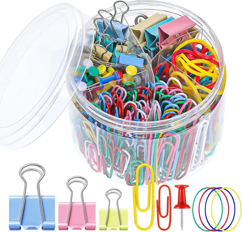 SUMAJU 350 Pcs Paper Clips Binder Clips Assorted Sizes, Colored Office Clips Set Paperclips Paper Clamps Rubber Bands Push Pins for Office and School Supplies - Image 1