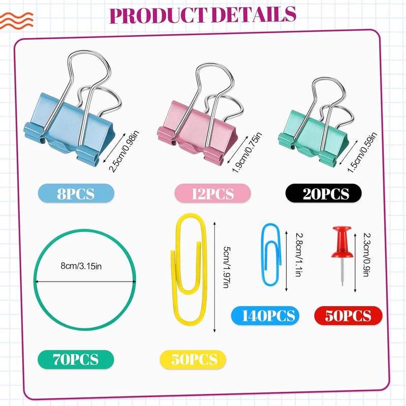 SUMAJU 350 Pcs Paper Clips Binder Clips Assorted Sizes, Colored Office Clips Set Paperclips Paper Clamps Rubber Bands Push Pins for Office and School Supplies - Image 2