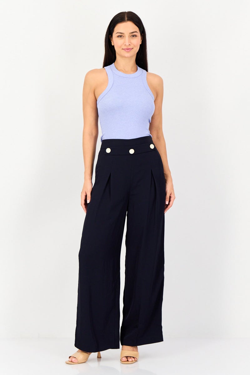 VERO MODA Couture Made For Vero Moda Women Regular Fit Plain Wide Leg Pants, Dark Navy - Image 4