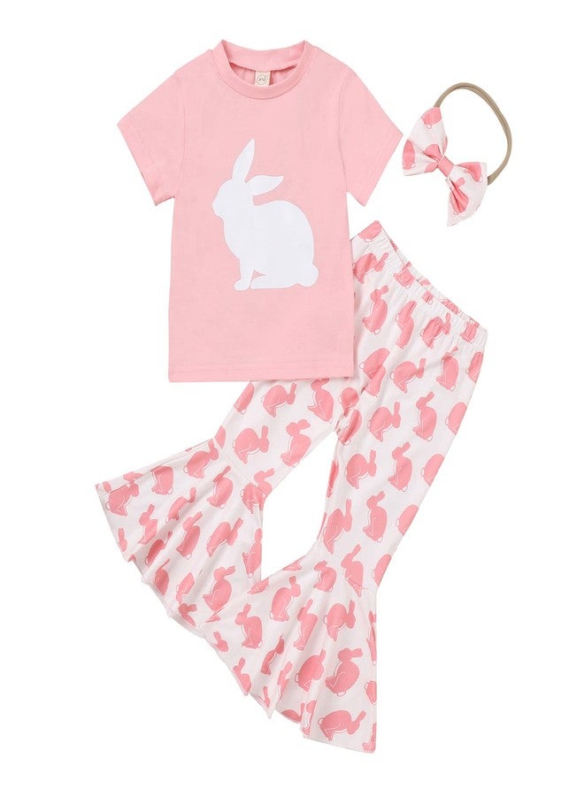 YINGISFITM Baby Girl Easter Outfit Bunny Print Short Sleeve Tee Tshirt Pants Toddler Bell Bottoms Summer Clothes 2Pcs Set (5-6 Years,Pink Rabbit) - Image 1