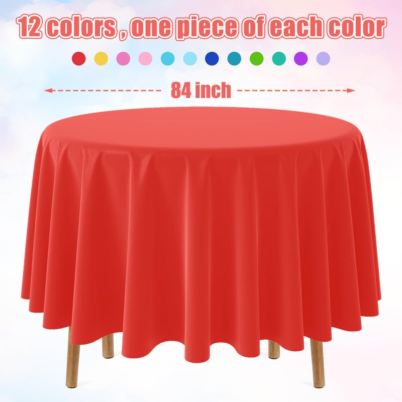 MASHAN 12 Pack Assorted Color Round Plastic Tablecloths Disposable Rainbow Tablecloth Colorful Round Table Covers for Rainbow Party Birthday Wedding Picnic Fiesta Home Party Decorations,12 Color,84Inch - Image 2