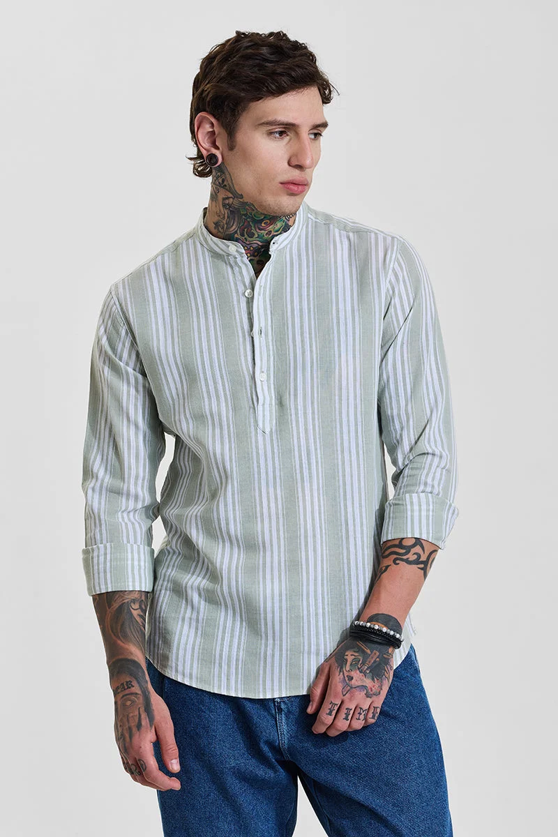 SNITCH Light Sage Green Striped Long Sleeve Slim Fit Shirt