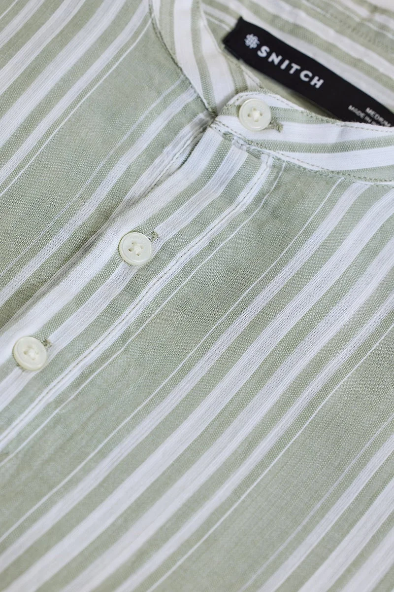 SNITCH Light Sage Green Striped Long Sleeve Slim Fit Shirt