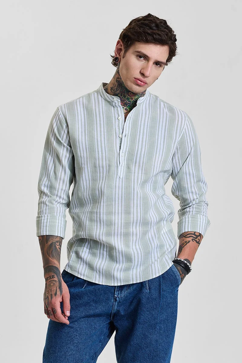 SNITCH Light Sage Green Striped Long Sleeve Slim Fit Shirt