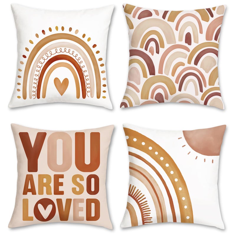 Bonhause Bonhause Boho Rainbow Throw Pillow Covers 18x18 Set of 4 Inspirational Quote Heart Decorative Pillows Soft Velvet Cushion Covers for Girls Kids Bedroom Nursery Decor