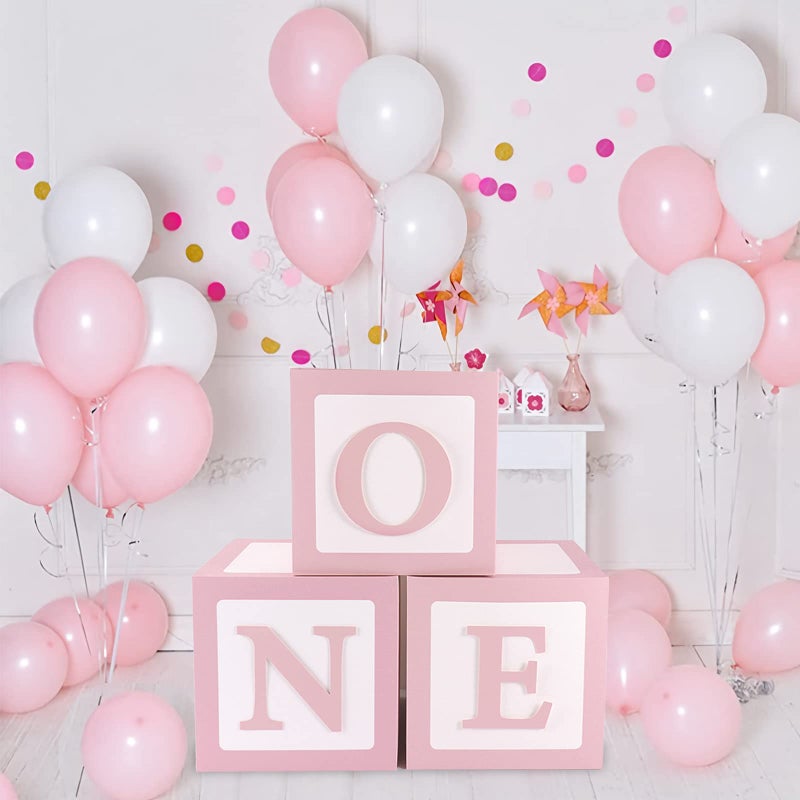 QIFU 1st Birthday Decorations for Girls - 3 pcs ONE Birthday Balloon Boxes, 1st Birthday Pink Blocks Boxes Decorations with ONE Letter for Birthday Decorations, Newborn Photography Props - Image 1