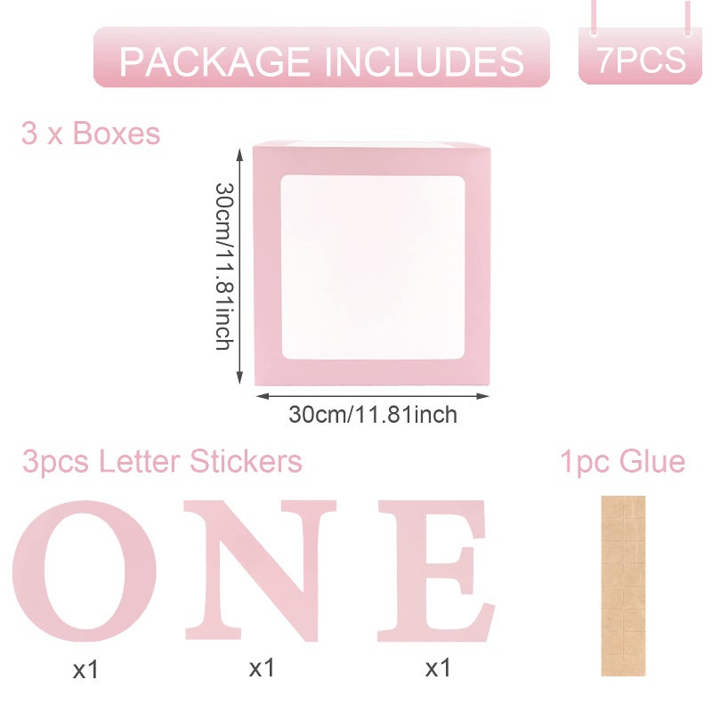 QIFU 1st Birthday Decorations for Girls - 3 pcs ONE Birthday Balloon Boxes, 1st Birthday Pink Blocks Boxes Decorations with ONE Letter for Birthday Decorations, Newborn Photography Props - Image 2