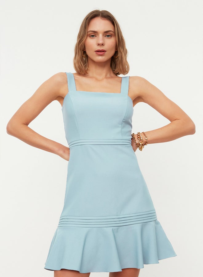 trendyol Blue Ribbed Detailed Skirt Flounced Straps A-line Woven Mini Dress  - Image 3