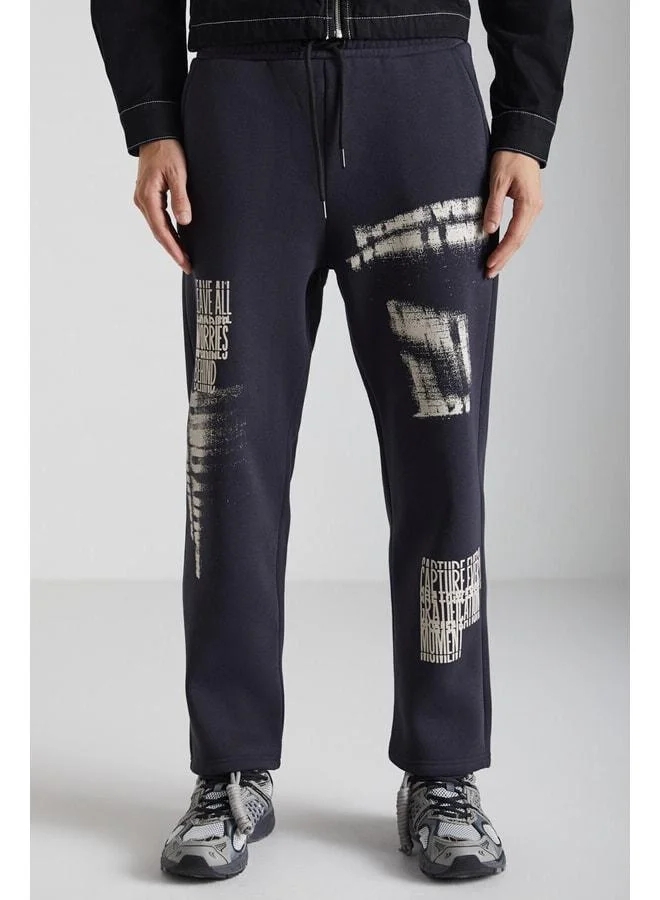 GRIMELANGE Iakob Men's Soft Fabric Print Detailed Regular 3-Ply Organic Cotton Charcoal Sweatpants