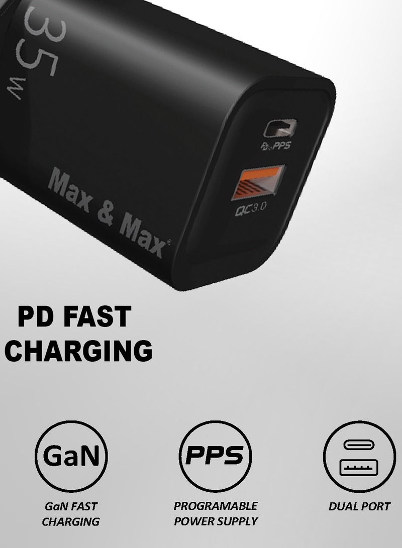 ماكس آند ماكس شاحن سريع 35 وات GaN بمنفذين Type-C + محول USB-A - متوافق مع iPhone 15/14/13 وSamsung S23/S22 وiPad والمزيد - أسود - Image 4